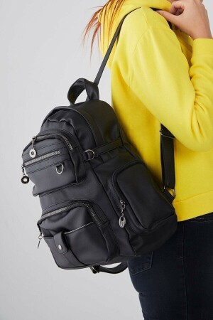 Multi-Piece Washed Leather Black Women's Backpack. - Samilon