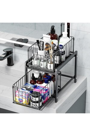 Multi-Purpose 2-Shelf Rail Basket Organizer Bathroom Kitchen Under-Sink Cabinet Countertop Organizer - Mismuka