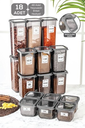Multi Set of 18 Elisa Labeled Square Food Storage Container Set Anthracite 6x(0,50 LT-1,10 LT -1,70 LT) MCH-422 - Meleni Home