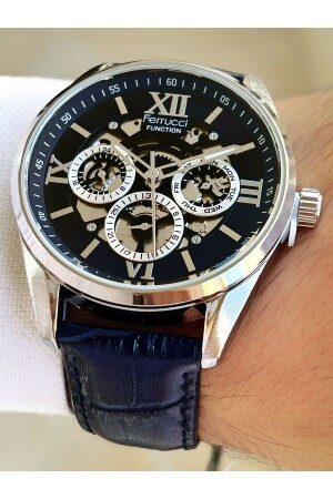 Multifunctional Navy Blue Color 3 ATM Waterproof Leather Strap Men's Wristwatch FRC714 - Ferrucci