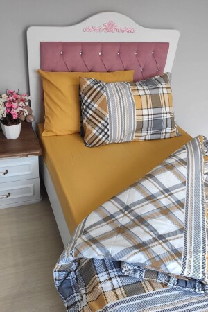 Mustard Checked 4-Piece Duvet Cover Set with Elastic Sheets for Single Person (100X200 CM) - Candan Çeyiz