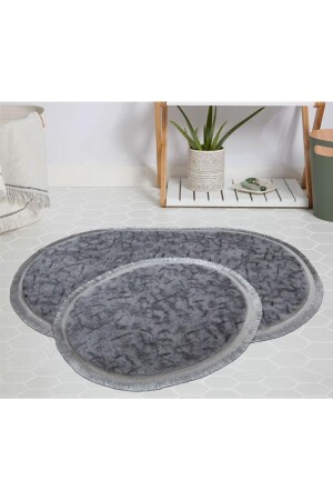 My Evilla Modern Decorative Carpet Gel Anti-Slip Base Plush Gray Patterned Fringed Oval Mat Set 50x80 1010-oval-sçkl-tkm-50x80-50x40 - Myevilla