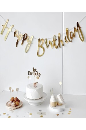 My Party Set^^ Gold Colored Happy Birthday Written Shiny Ornament 1 Piece - Gold Center