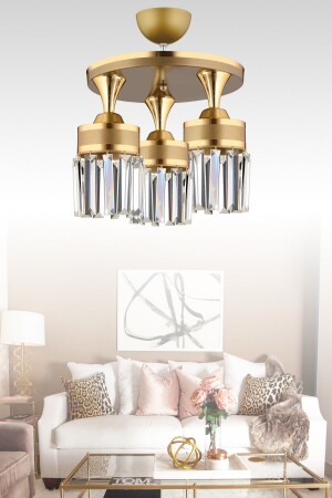 Nairobi 3-Piece Antique Plafonier Crystal Stone Yellow Strip Cylinder Downward Facing Luxury Chandelier 032802 - KARDELEN AYDINLATMA AVİZE