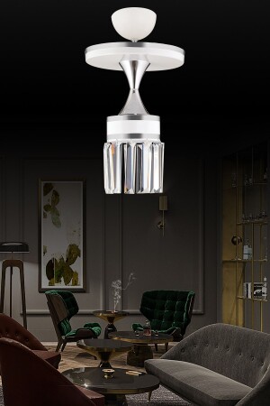 Nairobi Single White Plafone Crystal Stone Chrome Striped Cylinder Downward Facing Luxury Chandelier 03259 - KARDELEN AYDINLATMA AVİZE