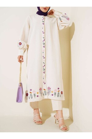 Nakış Işlemeli Tesettür Kimono Elbise Ekru Keten - Lavanta Tekstil