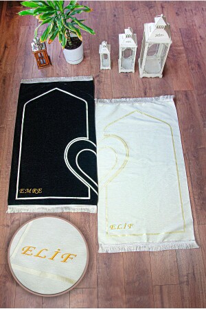 Name Embroidered Soft Textured Chenille Prayer Rug Set with Hearts for Couples Black Cream - Ihvanonline