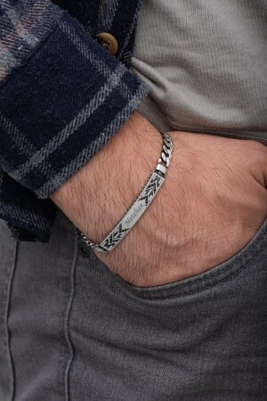 Named Stone Plate 925 Silver Men's Bracelet - Yüzük Sanati