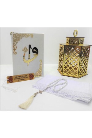Named Velvet Quran Medium Size (16X24)(WHITE -SEALED) Prayer Cover-Tasbih-Bookmark Set - Kahraman Hediyelik