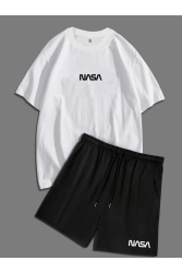 Nasa Baskılı Unisex Siyah Oversize Bol Kalıp T-shirt Şortlu Alt Üst Ikili Takım TYC00787578805 - pandy