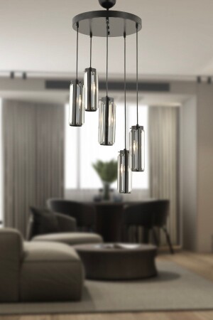 Natali 5 Piece Round Black Modern Crystal, Stone Modern Design Crystal Living Room Pendant Lamp Chandelier 7000-9040-5Y-BL - Apliqa