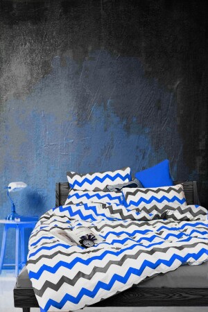 Natural Cotton Single Duvet Cover Set Blue Zigzag 21444563 colorboxtek - ALAMODE