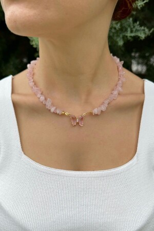 Natural Cracked Pink Quartz Stone Glass Butterfly Necklace - Est Aksesuar