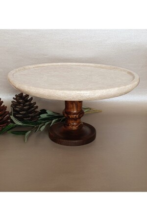 Natural Marble Cake Stand with Wooden Legs 0020 - Panoramas Home