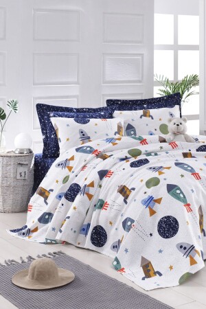 Natural Pique Printed Single Spacex Navy Blue - Enlora Home