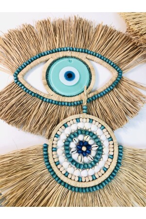 natural raffia fan with evil eye beads double wall decor - Hasirdukkanii