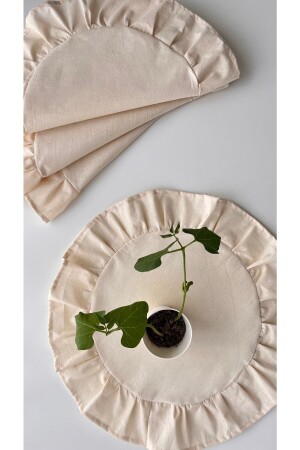 Natural Raw Linen Ruffled Round Placemat Set of 4 40x40cm 05EVAA0337 - White Alamode