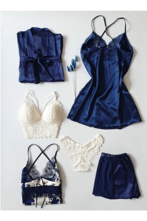 Navy Blue 6-Piece Satin Dressing Gown Dowry Set 5922 - Çeyize Dair Herşey