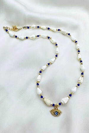 Navy Blue Bead Seashell Eye Necklace - Petek Aksesuar
