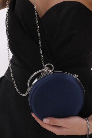Navy Blue Color Satin Fabric Stoned Bracelet Ring Evening Dress Portfolio Clutch Wedding Bag (Diameter 15 Cm) - Womenacs