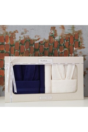 Navy Blue Cream Branch Family Bathrobe Set - Özdilek