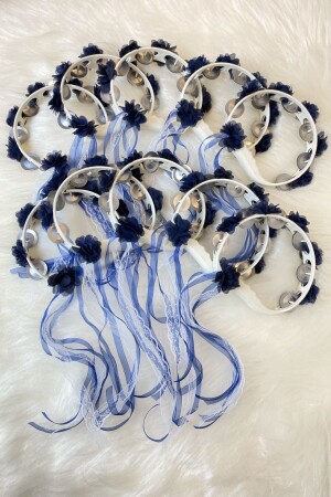 Navy Blue Decorated Bride Bridesmaid Henna Night Tambourine - Three Dimensional Laser Flower and Ribbon Detailed Tambourine 10 Pieces - Zeymerade