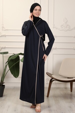 Navy Blue Double Breasted Collar Piping Flexible Interlock Fabric Prayer Dress - Transacoustic