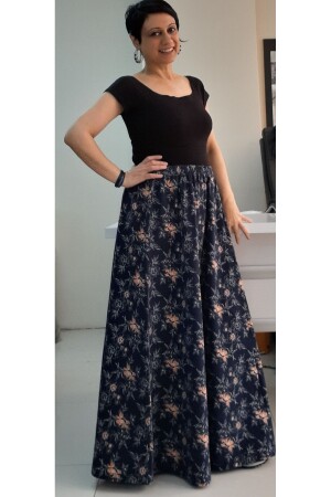Navy blue floral patterned 6-piece combed cotton skirt - Mertcan Butik