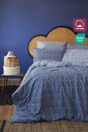 Navy Blue King Size 100% Cotton Classy Geometric Chain Patterned Duvet Cover Set Without Sheets - Leruum London
