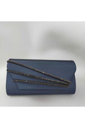 Navy Blue Matte Satin Row Platinum Stone Evening Bag - Bsc
