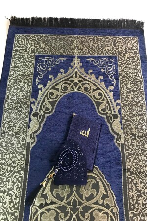 Navy Blue Ottoman Pattern Taffeta Chenille Velvet Prayer Rug-skullcap-pearl Tesbih-yasin for Groom's Bundles - Kardelen