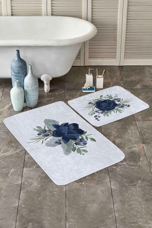 Navy Blue Rose Designed Digital Printed 2-Piece Non-Slip Based Bathroom & Kitchen Mat Set PaspasTakimi-2-Set325 - Realhomes