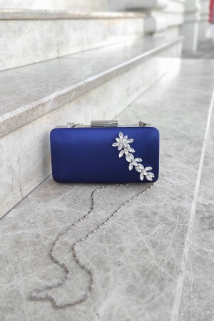 Navy Blue Satin Evening Dress Star Stone Portfolio Box Bag La-100stnclaris - LA CALZATURE