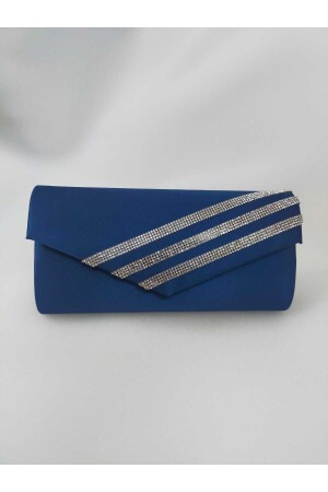 Navy Blue Shiny Satin Silver Row Stone Evening Bag - Bsc