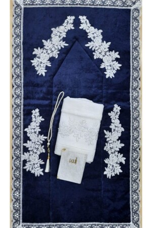 Navy Blue Velvet Prayer Rug Set 4 Pieces Towel Prayer Beads Juz Bridal Bundle Prayer Rug Set - Lamazihome