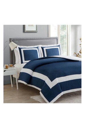 Navy Blue White King Size Cotton Satin Duvet Cover Set lacking - METİNEV