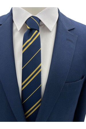 Navy Blue Yellow Striped Slim Tie HRY-3 - Brianze