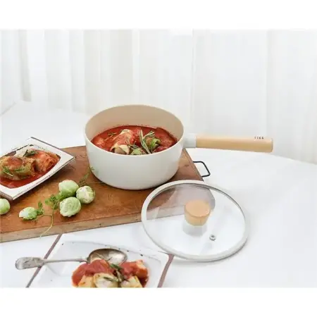 Neoflam Fika Aluminum Cast Saucepan with Glass Lid, 18cm, Beige - Neoflam