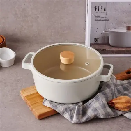 Neoflam Fika Bej 22 Cm Döküm Kısa Tencere - Neoflam