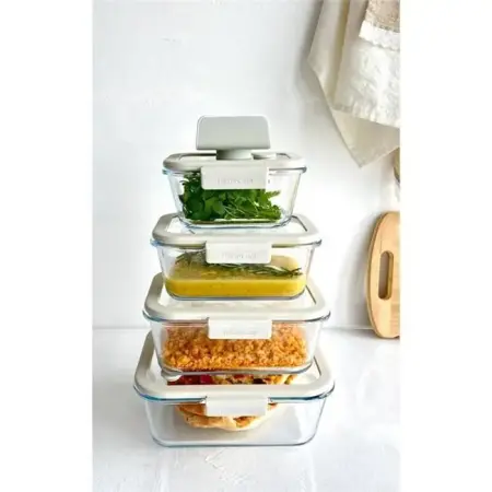 Neoflam Fika Glace Vacuum Glass Storage Container Set, Beige, 5 Pieces - Neoflam