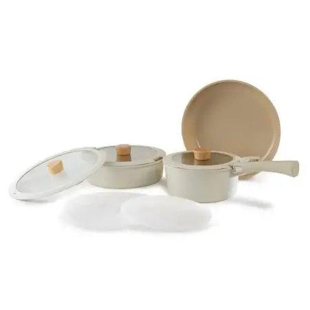 Neoflam Midas Beige 9-Piece Induction Cookware Set with Detachable Handles and Stackable Function - Neoflam