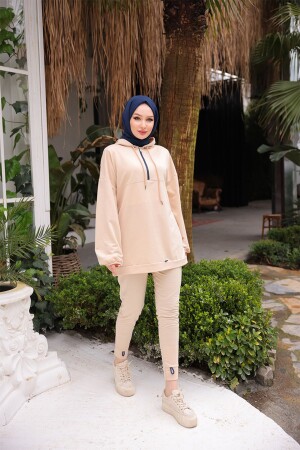 Neon Zippered Hooded Tracksuit Set TRN2040-1 Cream - Burcu Tesettür
