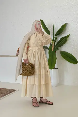 Nervürlü Premium Vual Elbise Vanilya - Nuuwears