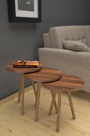 Nesting Table Wooden Legs Walnut 3-Piece Round 3-Piece Wooden - Mobezzo