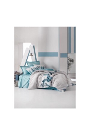 Nesto - Petrol Mode Line Double Duvet Cover Set CTN-Rf-Ç. K-N. T-Nesto-Petrol - Cotton Box