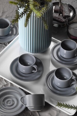 Neues Tuvana 12-teiliges Kaffeeset für 6 Personen, Grau PTN12KTM0003 - Kütahya Porselen