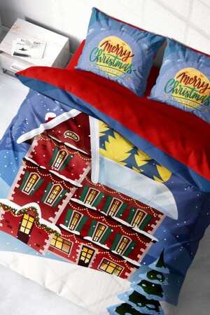 Neujahrs-Bettbezug-Set, 100 % natürliche Baumwolle, Frohe Weihnachten, Doppelbett, rotes Haus* monohome1108HF - Monohome