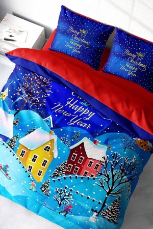 Neujahrs-Bettbezug-Set (mit elastischen Laken), Doppelbett, 100 % Baumwollsatin, Schnee, MONOHOME41380 - Monohome