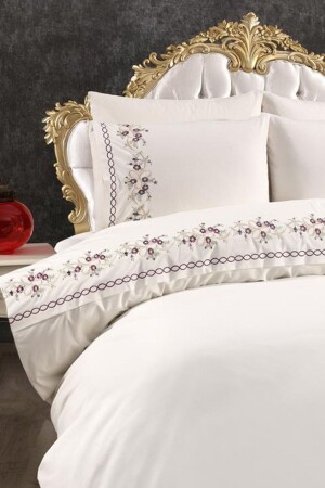 Nevruz Embroidered 100% Cotton 6 Piece Duvet Cover Set Cream CD442499 - Çeyiz Diyarı