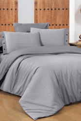 New Fancy Stripe Gri Çift Kişilik %100 Pamuk Çizgili Nevresim Takımı SAREV.3181324008 - Sarev